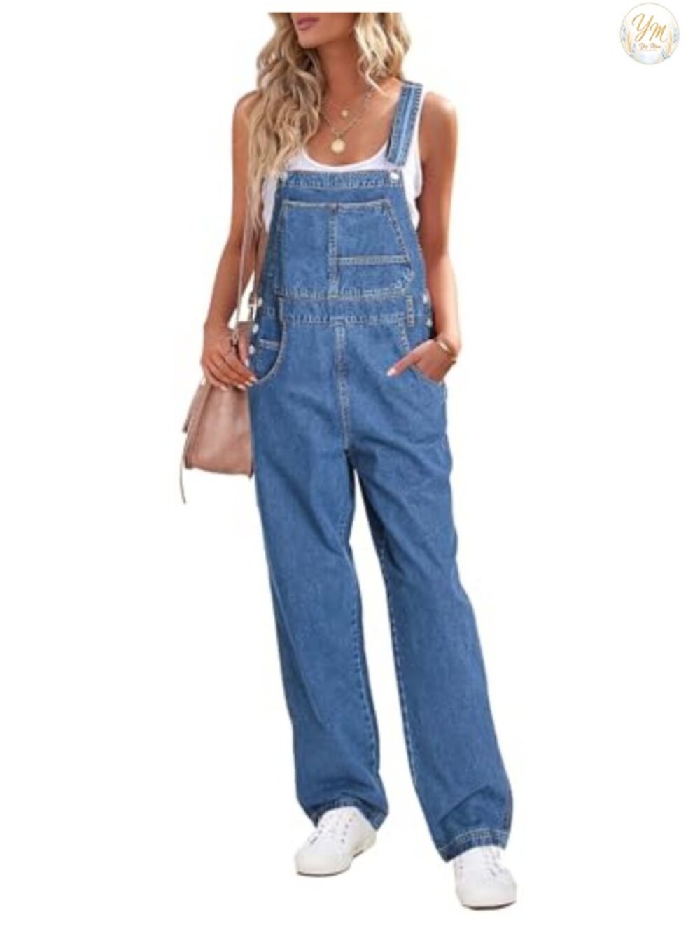 Loose Fit Denim Bib Overalls Straight Wide Leg Stretch Jumpsuit